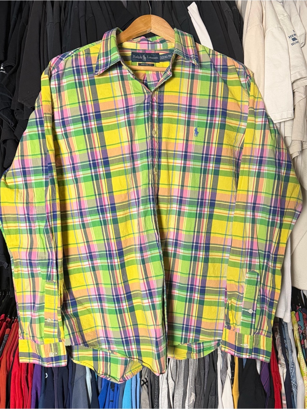 Vintage Ralph Lauren Polo Long Sleeve Dress Shirt Mens XL Green Yellow Button Up